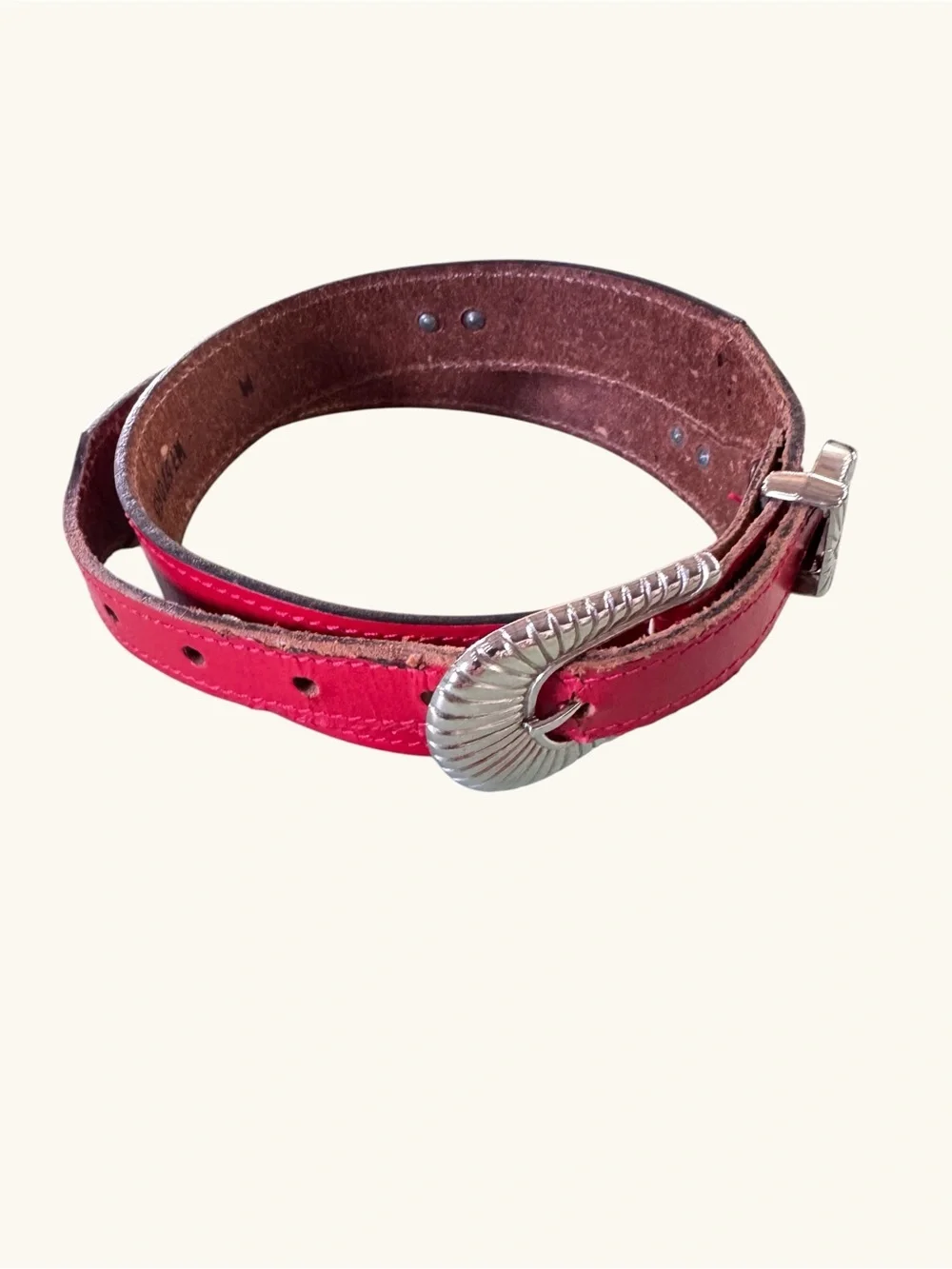 VTG Red Leather Western Belt Thunderbird Turtle Conchos Silver Tone Buckle M36
